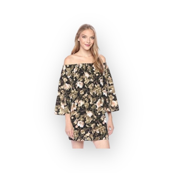 new French Connection 𑁍 Dream Floral Print Off Shoulder Mini Dress 𑁍 Olive 𑁍 XS - Picture 2 of 16